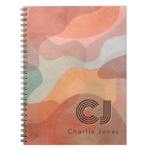 Earthy Retro Abstract Wavy Pattern Custom Monogram Notebook