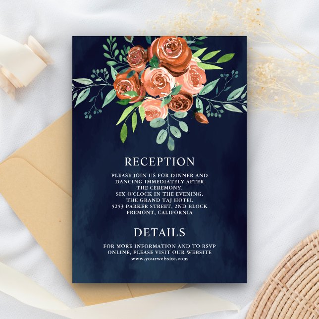 Earthy Rose Terracotta Floral Navy Wedding Details Enclosure Card (Creator Uploaded)