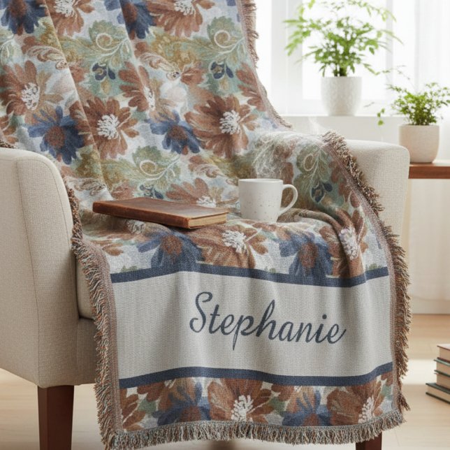 Earthy Rust Navy Botanical Mindfulness Art Throw Blanket (Personalized boho floral throw blanket)