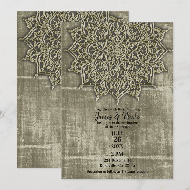 Earthy Rustic Tan Mandala Minimal Wedding Invitation (Front/Back)