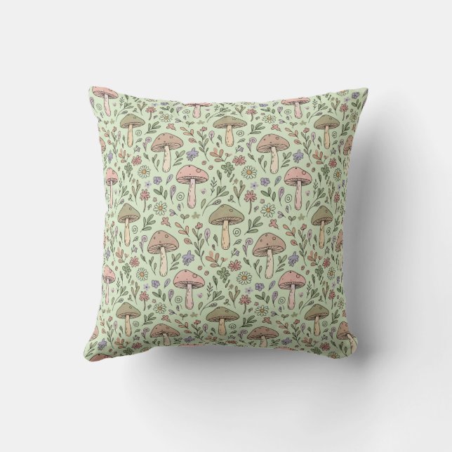 Earthy Sage Green Fungi Seamless Pattern Boho Cushion (Back)
