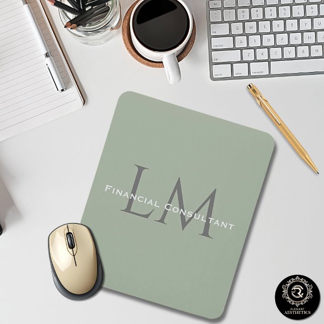 Earthy Sage Green Organic Minimalist Workspace Mouse Mat (Classic Sage Green Monogram Workspace Accent Mouse Pad)