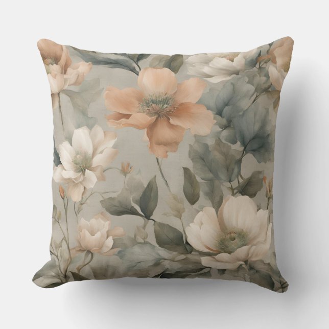 Earthy Sage Green Peach Floral Print Cushion (Front)