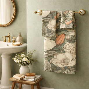 Earthy Sage Magnolia Botanical Terracotta Floral Bath Towel Set