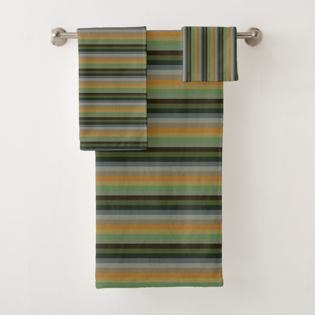 Earthy Sage, Olive & Brown Vertical Stripes Bath Towel Set (Insitu)