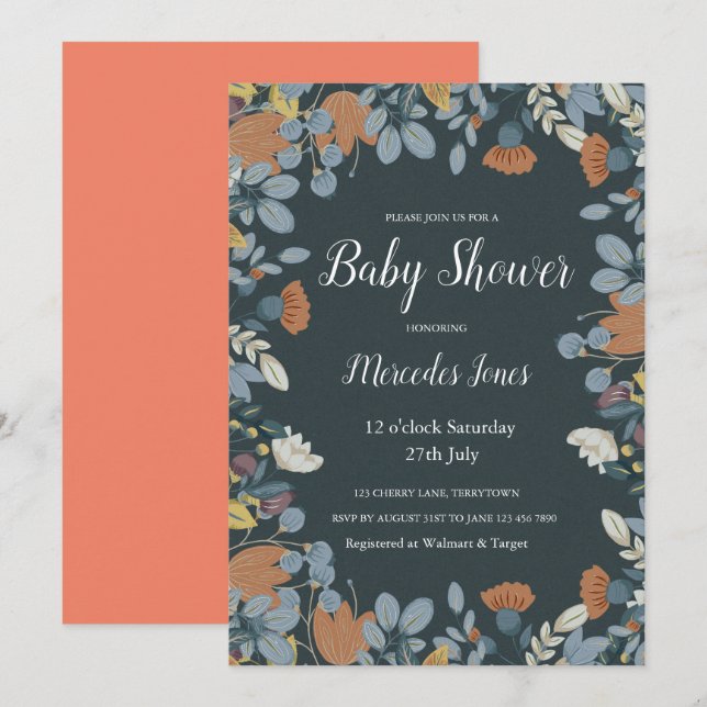 Earthy Scandinavian Nordic Folk Art Floral Invitation (Front/Back)