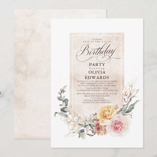 Earthy Shade Flowers Boho Elegant Birthday Party Invitation (Front/Back)
