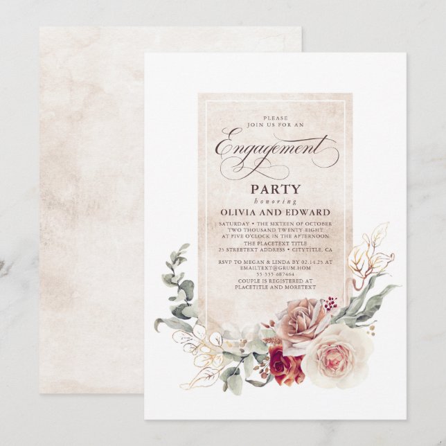 Earthy Shade Flowers Boho Elegant Engagement Party Invitation (Front/Back)