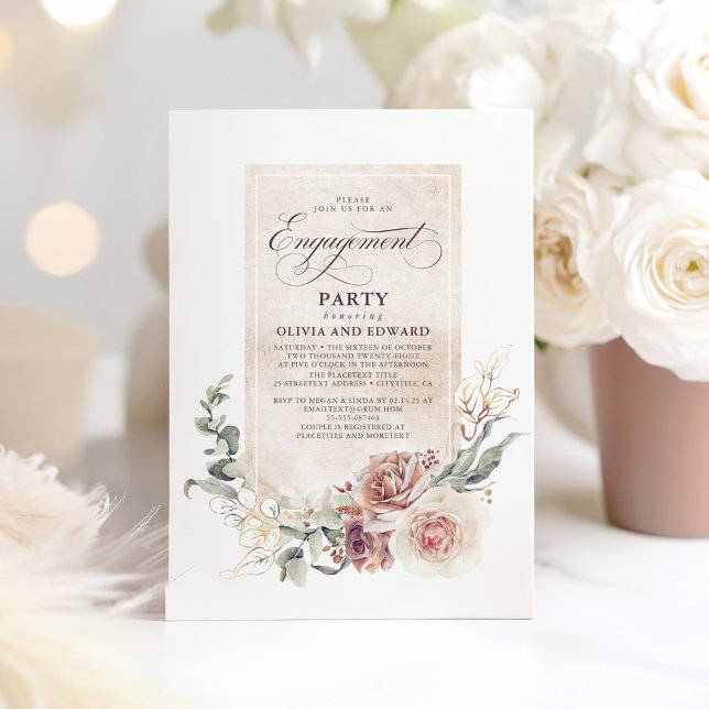 Earthy Shade Flowers Boho Elegant Engagement Party Invitation (Brown Floral Engagement Party Invitation)