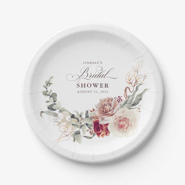 Earthy Shade Flowers Elegant Boho Bridal Shower Paper Plate (Front)