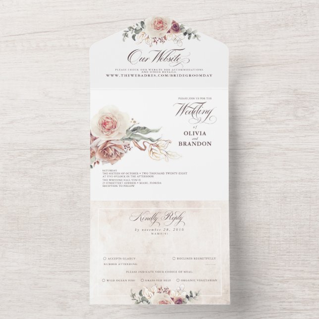 Earthy Shade Flowers Elegant Boho Wedding All In One Invitation (Inside)