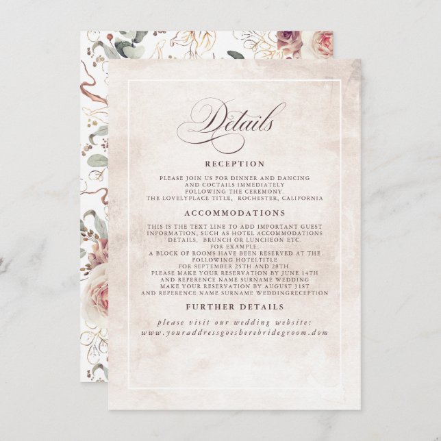 Earthy Shade Flowers Elegant Boho Wedding Details Enclosure Card (Front/Back)