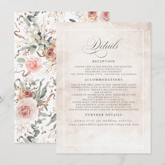 Earthy Shade Flowers Elegant Boho Wedding Details Enclosure Card (Front/Back)