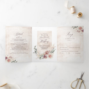 Earthy Shade Flowers Elegant Boho Wedding Tri-Fold Invitation