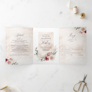 Earthy Shade Flowers Elegant Boho Wedding Tri-Fold Invitation