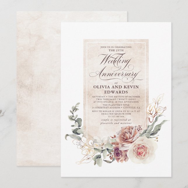 Earthy Shade Flowers Elegant Wedding Anniversary Invitation (Front/Back)