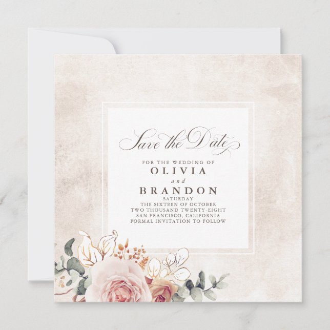 Earthy Shades Floral Elegant Save The Date Announcement (Front)