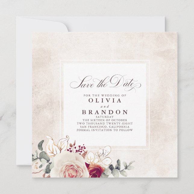 Earthy Shades Floral Elegant Save The Date Announcement (Front)