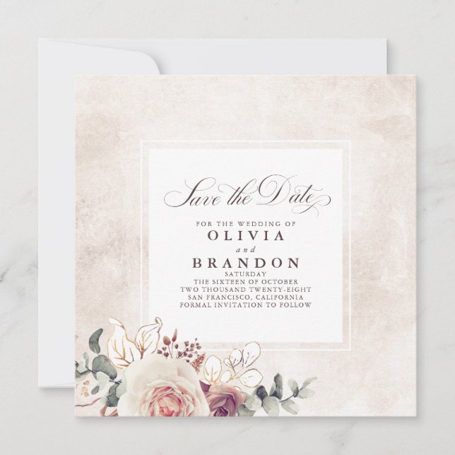 Earthy Shades Floral Elegant Save The Date Announcement (Front)