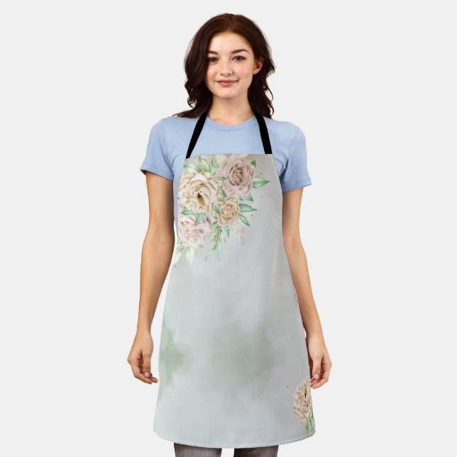 Earthy Shades Flowers Boho Elegant Sage Green Apron (Worn)