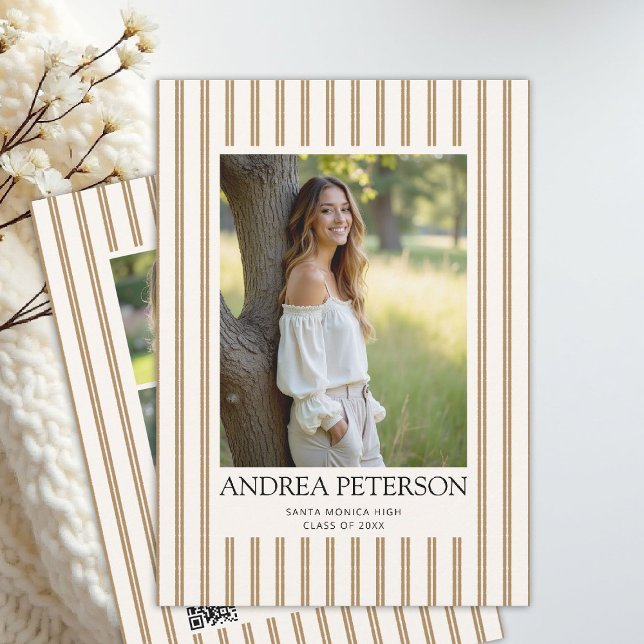 Earthy Stripes Graduation Photo Collage QR Code Announcement (graduation announcement party invitation photo collage earthy organic natural stripes tan beige)