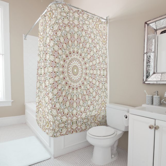 Earthy Taupe and Rust Mandala Pattern Shower Curtain (In Situ)