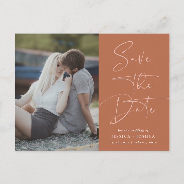 Earthy Terracotta Calligraphy Photo Save the Date Postcard (Front)