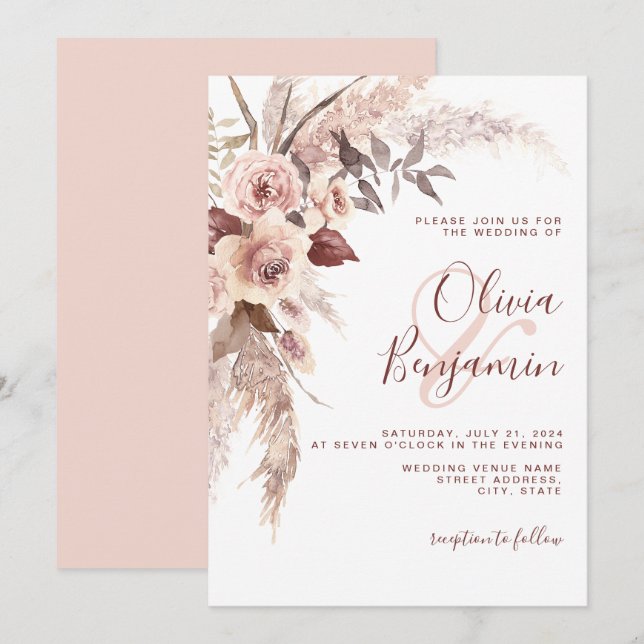 Earthy Terracotta Floral Champagne Boho Wedding Invitation (Front/Back)