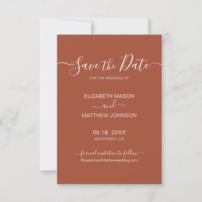 Earthy Terracotta Rust Minimalist Script Wedding  Save The Date (Front)