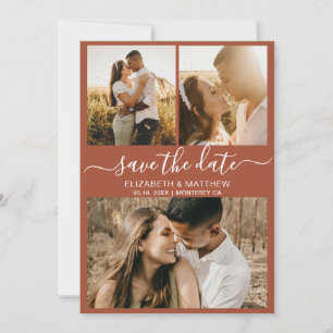 Earthy Terracotta Script Photo Collage Wedding Save The Date