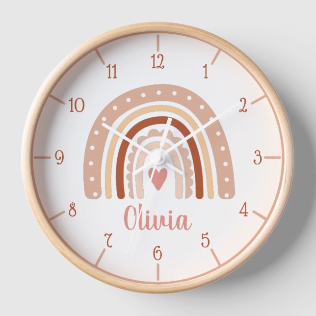 Earthy Tone Boho Rainbow Girl Name Wall Clock (Front)
