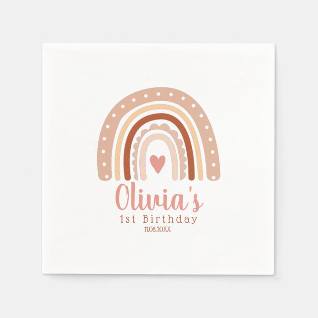 Earthy Tone Boho Rainbow Girl's First Birthday   Napkin (Front)