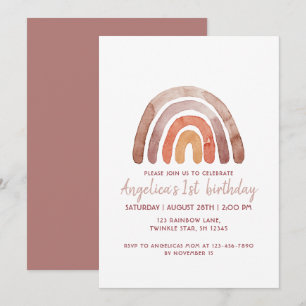 Earthy Tone Watercolor Rainbow 1st Birthday Girl   Invitation