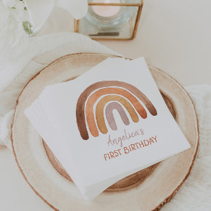 Earthy Tone Watercolor Rainbow First Birthday Napkin