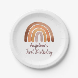Earthy Tone Watercolor Rainbow First Birthday    P Paper Plate