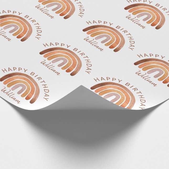Earthy Tone Watercolor Rainbow Name Birthday   Wrapping Paper (Corner)