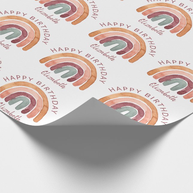 Earthy Tone Watercolor Rainbow Name Birthday  Wrapping Paper (Corner)