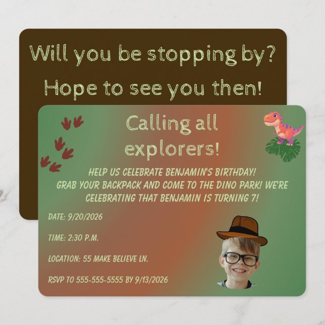 Earthy Tones Dinosaur Adventure Birthday Invite (Front/Back)