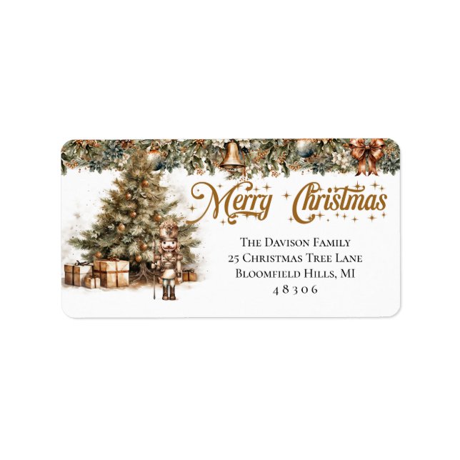 Earthy tones green gold Christmas tree Nutcracker Label (Front)