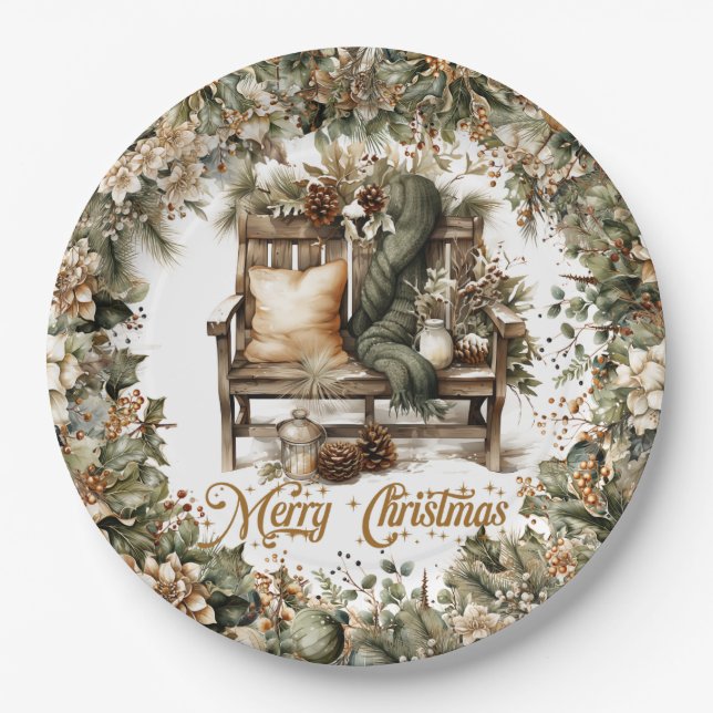 Earthy tones green gold cosy Christmas interior Paper Plate (Front)