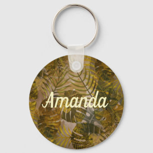 Earthy Tropical Leaves Pattern Key Ring