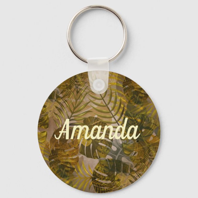 Earthy Tropical Leaves Pattern  Key Ring (Front)