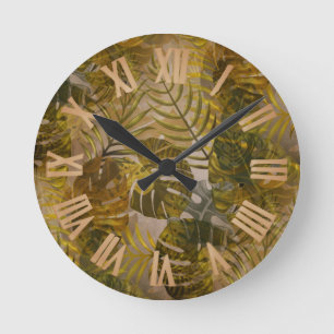 Earthy Tropical Leaves Pattern  Round Clock