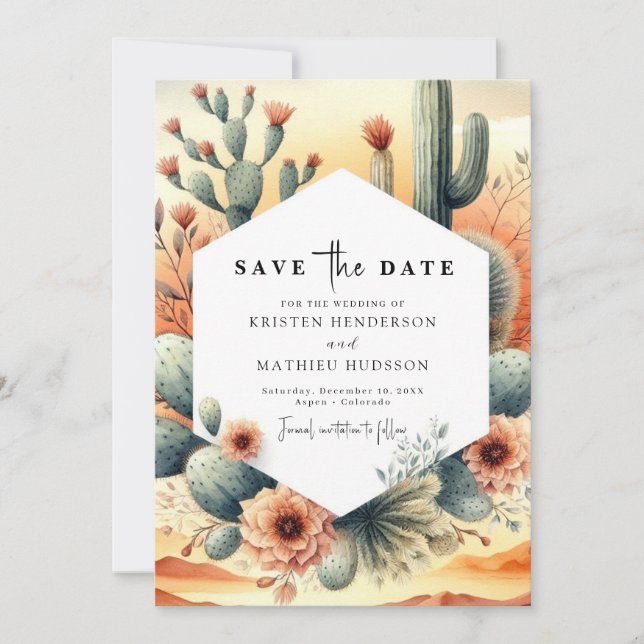 Earthy Watercolor Cactus Wedding Save The Date (Front)
