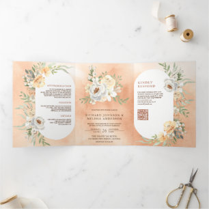 Earthy Watercolor Peach Floral QR Code Wedding Tri-Fold Invitation