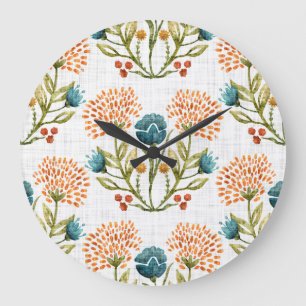 Earthy Whimsical: Watercolor Flower Motif. Large Clock