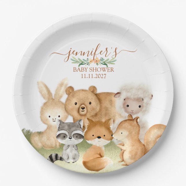Earthy Woodland Animals Baby Celebration Paper Plate (Front)