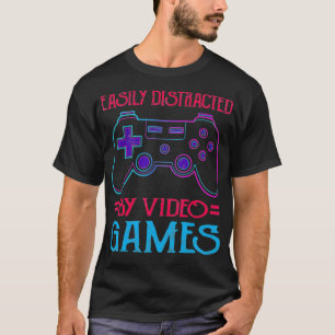Easily Distract By Video Games Boys Gift Gamer Kid T-Shirt