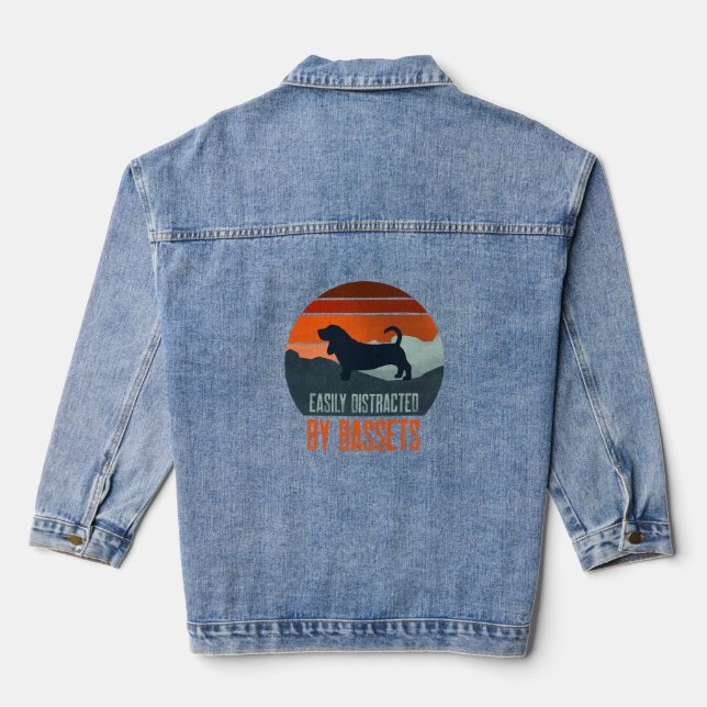 Easily Distracted By Bassets Dog Walking Denim Jacket (Back)