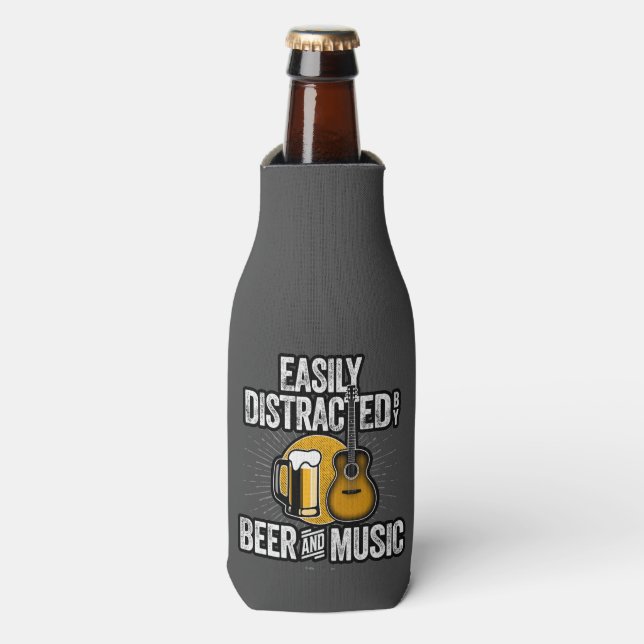 Easily Distracted by Beer and Music Bottle Cooler (Bottle Front)